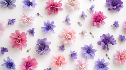 Pink and purple flowers laid flat