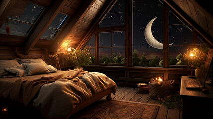 Cozy attic room with a dormer window, offering a private and enchanting perspective of the moon and stars