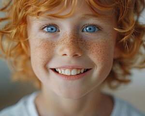 Close up of beautiful little ginger redhead boy with tousled hair and freckles, laughing and looking in camera with happy expression.