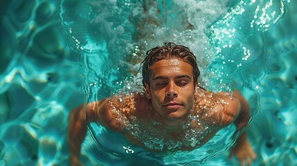 Person floating peacefully in a clear pool under the warm sunlight.