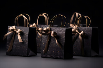 Multiple black shopping and gift bags on background