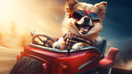 Cool dog in sunglasses driving a sleek racing car on the track showcasing speed and style the essence of canine coolness
