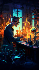 Crazy inventor in a cluttered science lab neon lights casting long shadows over groundbreaking experiments