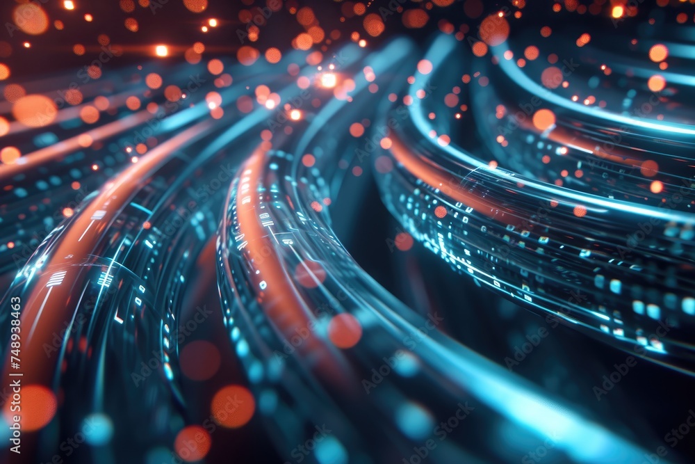 Poster a macro shot of fiber optic cables with illuminated data streams, representing high-speed data trans