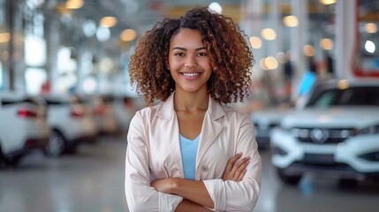 Smiling woman with crossed arms in car dealership. Curly hair, light jacket, blurred background.