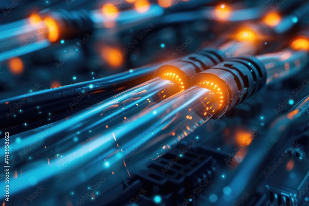 Poster futuristic technology concept featuring a circuit board with glowing blue and orange pipes, represen