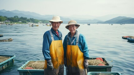 Couple in blue matching outfits fishing in calm lake, smiling. Outdoor aquaculture scene.