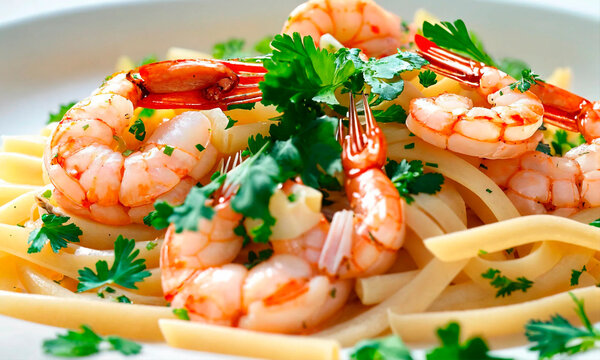 shrimp pasta on a plate. Selective focus.