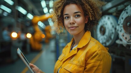 Person in yellow jacket with tablet in industrial setting, near robotic machinery.