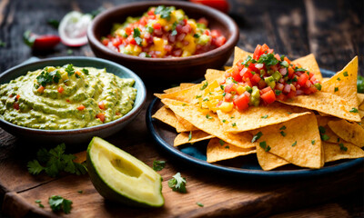chips nachos salsa and guacamole. Selective focus. - obrazy, fototapety, plakaty