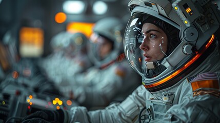 A woman in a space suit and helmet sits in a control room - Powered by Adobe