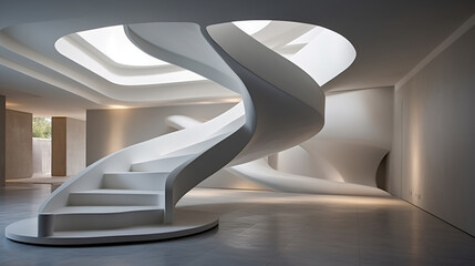 Gravity-defying staircase design in a futuristic house, showcasing a unique approach to spatial dynamics and aesthetics 