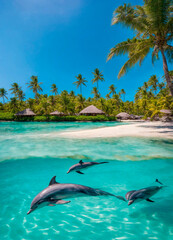 dolphins jump out of the sea. Selective focus.