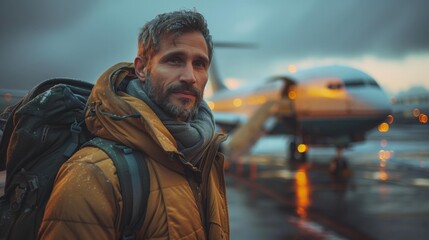 Man in winter gear at airport, reflecting on journey, snow on jacket, cinematic feel.