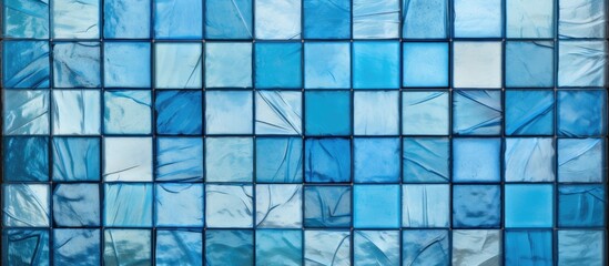 This close-up view showcases a blue glass tile wall, revealing the intricate details of small stained glass squares arranged in a sleek pattern. The vibrant blue color reflects light,