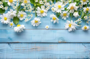 Obraz premium A blue wooden background with a large bouquet of white flowers