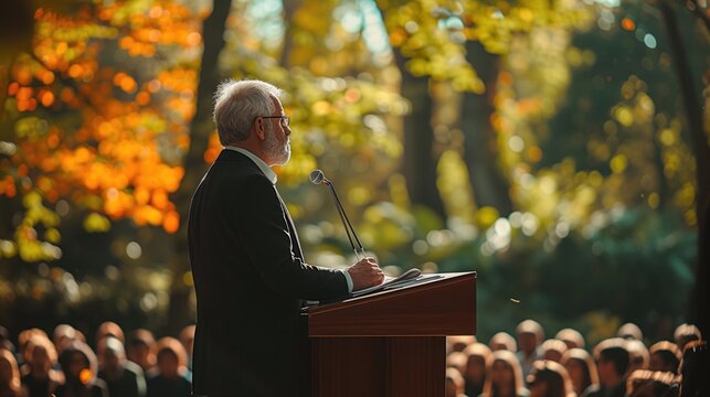 Elderly man speaks at outdoor event, wearing suit and glasses. Audience in background.