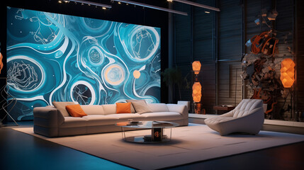 High-tech living room with a video-mapped wall displaying intricate animated patterns, offering a dynamic and unique focal point 