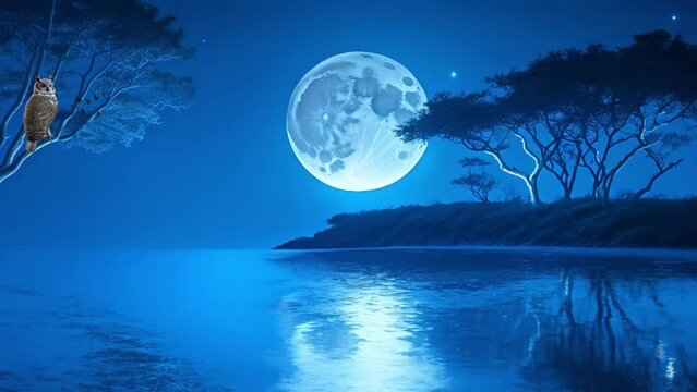 night landscape with moon and tree seamless looping 4k animation video background
