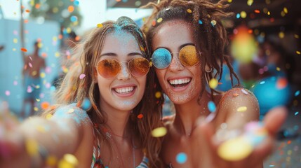 Two people in festive attire taking a selfie at a glittery event.
