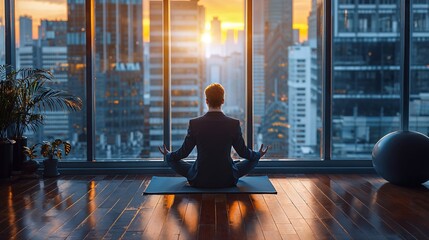 Meditating at the office, man wearing a suit in meditation, relaxation at work concept - obrazy, fototapety, plakaty