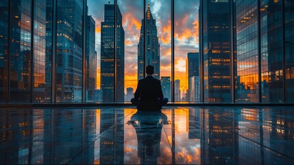 Meditating at the office, man wearing a suit in meditation, relaxation at work concept
