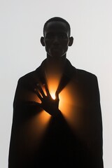 Shadowed silhouette of an afro american model with glowing soul. White background. Concept of solitude and loneliness. 