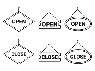 shop or store Open and closed sign black outline door open and closed hanging sign board.