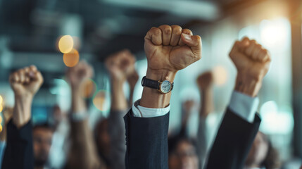 Raised fists in focus with a watch on the foremost wrist, signifying unity or celebration, amidst a group of blurred raised fists in the background. - obrazy, fototapety, plakaty
