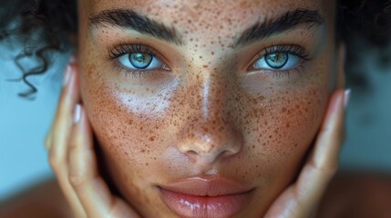 An aesthetic, facial and skincare cosmetic model girl touches cheeks for self-love and wellness. Typical black woman's natural face with freckle skin texture.