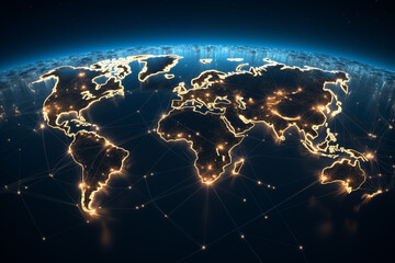 Illuminated network lines on world map at night - obrazy, fototapety, plakaty