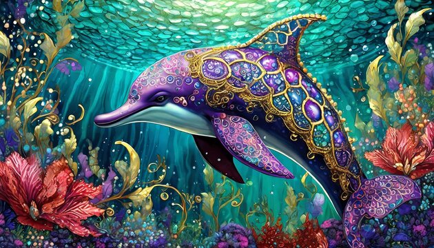 Fairy tale dolphin underwater. Art card