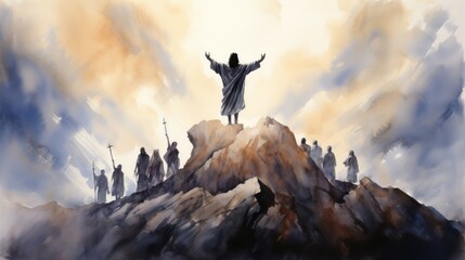 A painting of jesus standing on top of a hill, watercolor style - obrazy, fototapety, plakaty