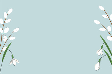 Spring banner with flowers snowdrops and willow branches for text hand drawn flat vector illustration. Floret pattern motif card,springtime season, bloom. Backdrop for print, paper, poster, flayer © Oxi An