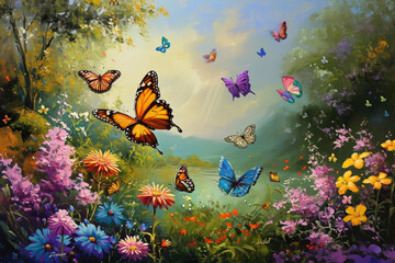 Generate a peaceful and uplifting painting of a tranquil garden filled with colorful butterflies