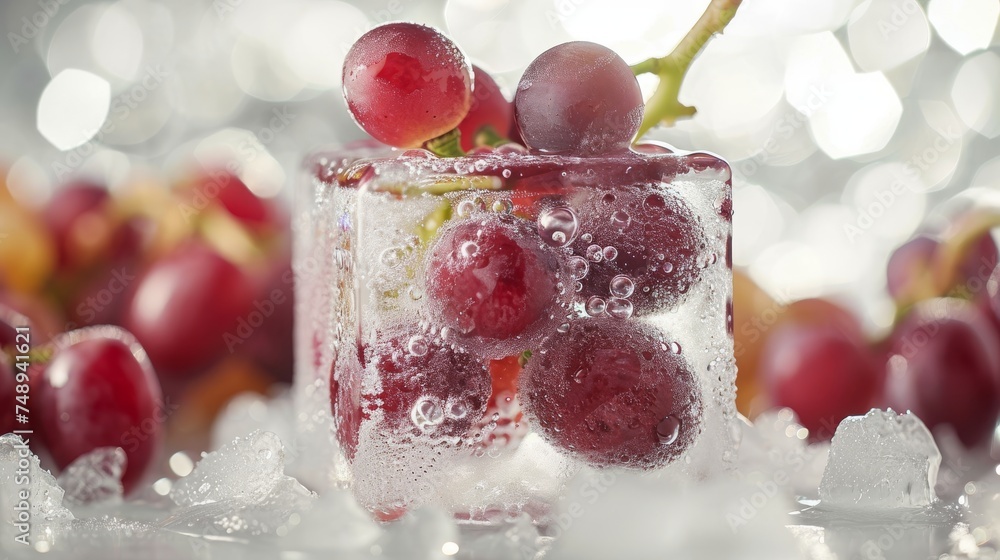 Poster grapes frozen in ice cubes on bokeh background