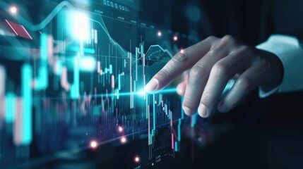 A hand points to fluctuating financial graphs on a futuristic digital interface, depicting the analysis of market trends and data. AIG41