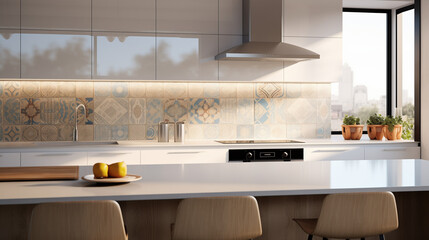 Modern kitchen with a tiled backsplash showcasing intricate mosaic patterns, elevating the room's unique design - obrazy, fototapety, plakaty