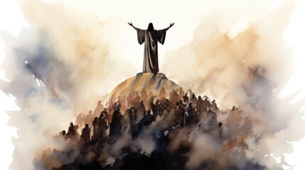 illustration Jesus's sunset in the mountains, watercolor style - obrazy, fototapety, plakaty