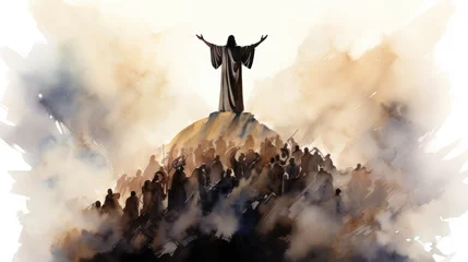 Fotobehang illustration Jesus's sunset in the mountains, watercolor style © Nico