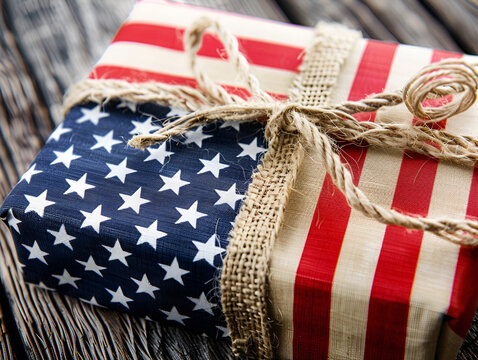 Gift box in the style of the American flag on a wooden background
