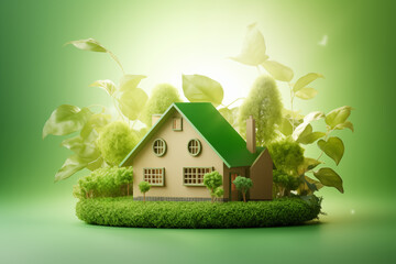 Eco-friendly house with lush greenery on a vibrant background, symbolizing sustainability