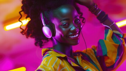 Vibrant Neon Lights Illuminate a Stylish Individual Enjoying Music Through Headphones