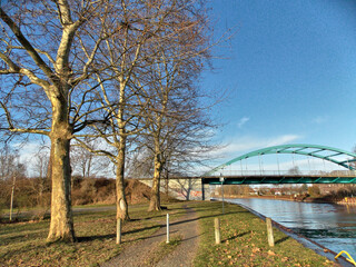 Kahle Bäume am Fluss mit Brücke