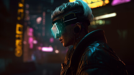 A hacker who has tattoos on his body wearing virtual reality goggles on cyberpunk cityscape,3D Illustration
