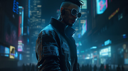 A hacker who has tattoos on his body wearing virtual reality goggles on cyberpunk cityscape,3D Illustration
