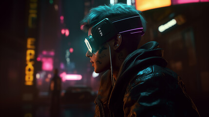 A hacker who has tattoos on his body wearing virtual reality goggles on cyberpunk cityscape,3D Illustration
