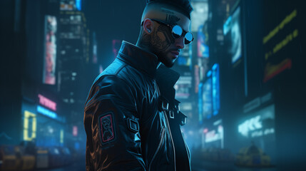 A hacker who has tattoos on his body wearing virtual reality goggles on cyberpunk cityscape,3D Illustration
