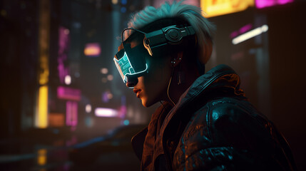 A hacker who has tattoos on his body wearing virtual reality goggles on cyberpunk cityscape,3D Illustration
