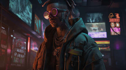 A hacker who has tattoos on his body wearing virtual reality goggles on cyberpunk cityscape,3D Illustration
